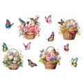 Detail of floral wall stickers with woven baskets, colorful butterflies, and hummingbirds - Flower Basket Rose Butterfly (KSG-19)