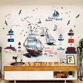Nordische Wandaufkleber mit nautischen Leuchttürmen und Aquarell-Segelbooten - Kombination: Segelboot und Leuchtturm