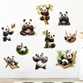 Detailed view of ten cute panda wall stickers in various poses like climbing and eating bamboo - Playing Panda (KS6831)