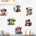 Detail of cowboy themed panda wall stickers with six cartoon pandas on a white wall - Cowboy Panda Style (KSG-72)