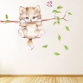 Detail showing a 3D cute brown cat hanging on a branch with a pink butterfly wall sticker - Cat on Branch Style (ZY278)