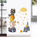 Cartoon cat wall stickers with playful kittens and butterflies for home decoration - Stacked Cats with Yellow Clouds (XH9314) / 30x90cm