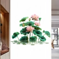 Detailed view of pink lotus wall stickers with green leaves and realistic water reflection - Lotus Blossom (KSXN-80)