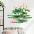 Detail of pink lotus and green lily pad wall decals in a modern living room setting - Lotus Pond Style (KSXN-84)