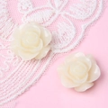 Detailaufnahme von 18 mm cremefarbenen Harzrosen auf rosa Papier und weißer Spitze - Creme