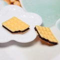 Vista macro di due ciondoli in resina a forma di biscotto al cioccolato 3D realistici - Stile Sandwich-Giallo