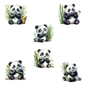 Self-adhesive panda wall stickers featuring six cute cartoon pandas with green bamboo accents - Panda Eating Bamboo (G-15)