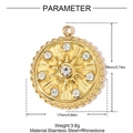 Macro view of stainless steel sunburst pendant with dimensions and rhinestone details - Sun Ray Rhinestone Round (YH1416)