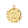 Macro detail of golden circular letter C pendant with hammered texture and beaded border - Letter C(YH1339-C)