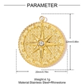 Detailed size parameter view of gold stainless steel compass pendant with rhinestone - Embossed Star Pattern (YH1417)