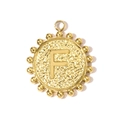 Detail of round golden pendant with embossed letter F and textured hammered finish - Letter F(YH1339-F)