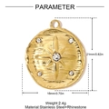 Detail view of a gold stainless steel star compass pendant with rhinestone dimensions and weight - Five Rhinestone Starburst (YH1418)