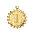 Macro detail of a golden round pendant featuring a 3D letter I and hammered texture - Letter I(YH1339-I)