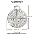 Macro detail of silver stainless steel compass pendant with BRAVE engraving and crystal - Compass Style (YH1460)