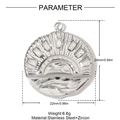 Macro detail of a round stainless steel sunrise pendant with inlaid rectangular zircons - Sunrise Style (YH1461)