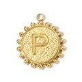 Detail shot of golden circular letter P pendant with hammered texture and beaded edge - Letter P(YH1339-P)