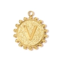 Macro detail of a gold square letter V pendant with hammered texture and beaded edge - Letter V(YH1339-V)