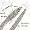 Set of 10 silver stainless steel box chains with 2.0mm width and 40+5cm length - Box Chain (2mm Square Pearl Chain) / Silver