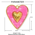 Detailed view of pink resin heart pendant with stainless steel core and dimensions - Medium / Pink Heart Style (YF977-4)