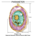 Detail view showing a 31mm stainless steel oval rose pendant with enamel and pearl - Lake Green Purple Rose Style (YF967-1)
