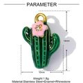 Detail view of green enamel cactus pendant with pink flower and rhinestone on stainless steel - Green Cactus (YF950)