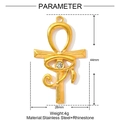 Detailed specs of a gold Ankh and Eye of Horus pendant in stainless steel with rhinestones - Ankh Eye Of Horus Style (XF849)