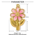 Macro detail of a 22mm pink enamel flower pendant in gold stainless steel with size specs - Pink Flower (YF951-1)
