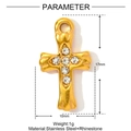 Detailed view of golden stainless steel cross pendant with rhinestones measuring 17x10mm - Rhinestone Cross Style (XF850)