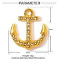 Macro view of gold anchor pendant with rhinestones and size parameters listed - Pave Rhinestone Anchor Style (XF851)