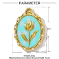 Macro detail of gold stainless steel oval floral pendant with blue enamel and pearls - Blue Vintage Tulip (YF952-1)