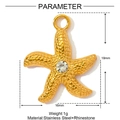Macro detail of a 16x18mm golden stainless steel starfish pendant with centered rhinestone - Rhinestone Starfish Style (XF854)