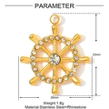 Golden stainless steel ship wheel pendant with sparkling crystals and size measurements - Inlaid Nautical Helm Style (XF857)