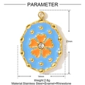 Detailweergave van de afmetingen van de ovale hartvormige hanger en stalen materialen - Hemelsblauw Emaille Oranje Bloem Ovaal (YF1017-2)