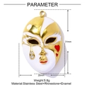 Detail view of Venice mask pendant with white enamel, red heart and rhinestones on steel - White Venetian Mask (YF1091-1)