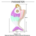 Macro detail of enamel fish pendant in purple and green with 26mm x 13mm dimensions - Cartoon Fish Style-Purple Green White (YF1143-3)