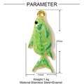 Fish pendant specifications showing 27mm x 11mm size in green enamel and gold steel - Green Fish Style (YF1163-3)