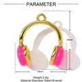 Macro detail of gold stainless steel and pink enamel headset pendant with dimensions - Pink Headphone Style (YF1249-2)