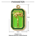 Detail showing 18mm x 10mm golden palm tree pendant with green enamel and measurements - Green Coconut Tree Square (YF1224-1)