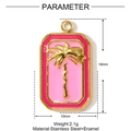 Detailed view of rectangle pink enamel palm tree pendant with measurements and material specs - Pink Coconut Tree Square (YF1224-2)
