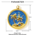 Detalles del colgante de 16mm en acero inoxidable con palmera de esmalte azul y medidas - Estilo Cocotero Redondo Azul (YF1323-1)