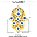 Detailed view of gold Hamsa hand pendant with blue enamel evil eye and 25mm dimensions - Hamsa Hand Lucky Eye Style (YF1356)
