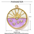 Detail view of round enamel pendant with size specs, stainless steel with rhinestones - Purple Wave Style (YF1438-2)