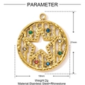 Detailed view of gold plated stainless steel star pendant with colorful rhinestones - Hollow Round Five Pointed Star Style (YF1457)