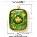 Detail view of a 19mm gold stainless steel shell pendant with green glitter enamel inlay - Green Glitter Rectangle Tag (YF1440-2)