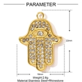 Dimensions détaillées du pendentif Main de Fatma en acier inoxydable doré avec strass - Style Main de Fatima Mauvais Œil (YF1461)