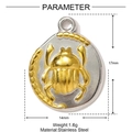 Macro detail of a 14mm stainless steel round pendant with a golden beetle relief design - Scarab Style (YF1494)