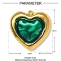Detail view of a 19mm gold stainless steel heart pendant with green enamel inlay - Green Heart Pendant (YF1536-3)