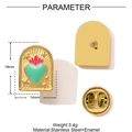 Macro detail of enamel heart brooch showing size 18mm by 14mm and gold back with pin - Arch Green Heart (YF1481-3)