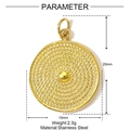 Detail of round gold stainless steel pendant with spiral woven texture and dimensions - Spiral Woven Disk Style (YH044)