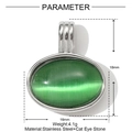 Macro detail of oval green cat eye stone pendant in stainless steel with dimensions - Oval Green Cat Eye Stone Style (YH037)